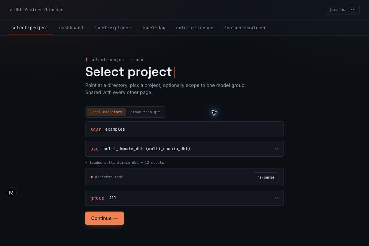 dbt Feature Lineage project selector showing local directory and clone from git options, a selected project and manifest mode.