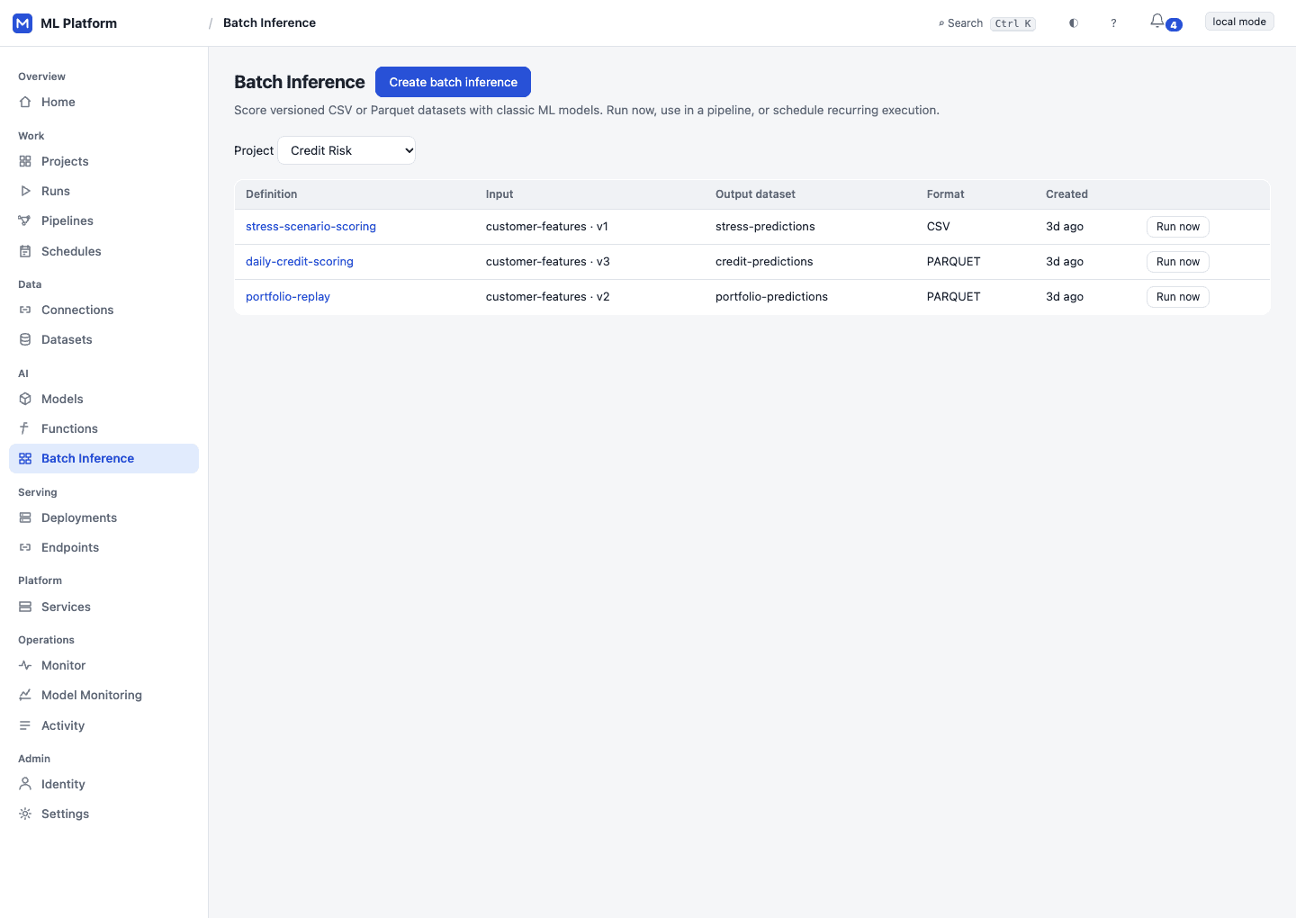Synthetic Credit Risk batch inference definition with pinned input and model versions and Parquet output