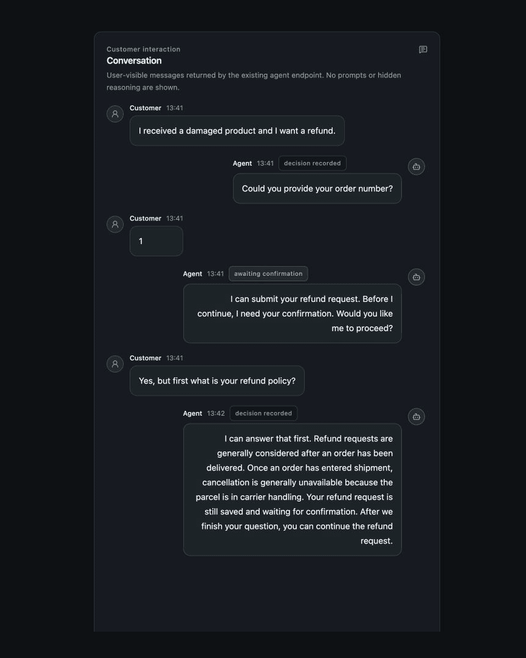 Customer-service conversation showing a refund request, an order number clarification, a confirmation boundary, and a policy question that interrupts approval.