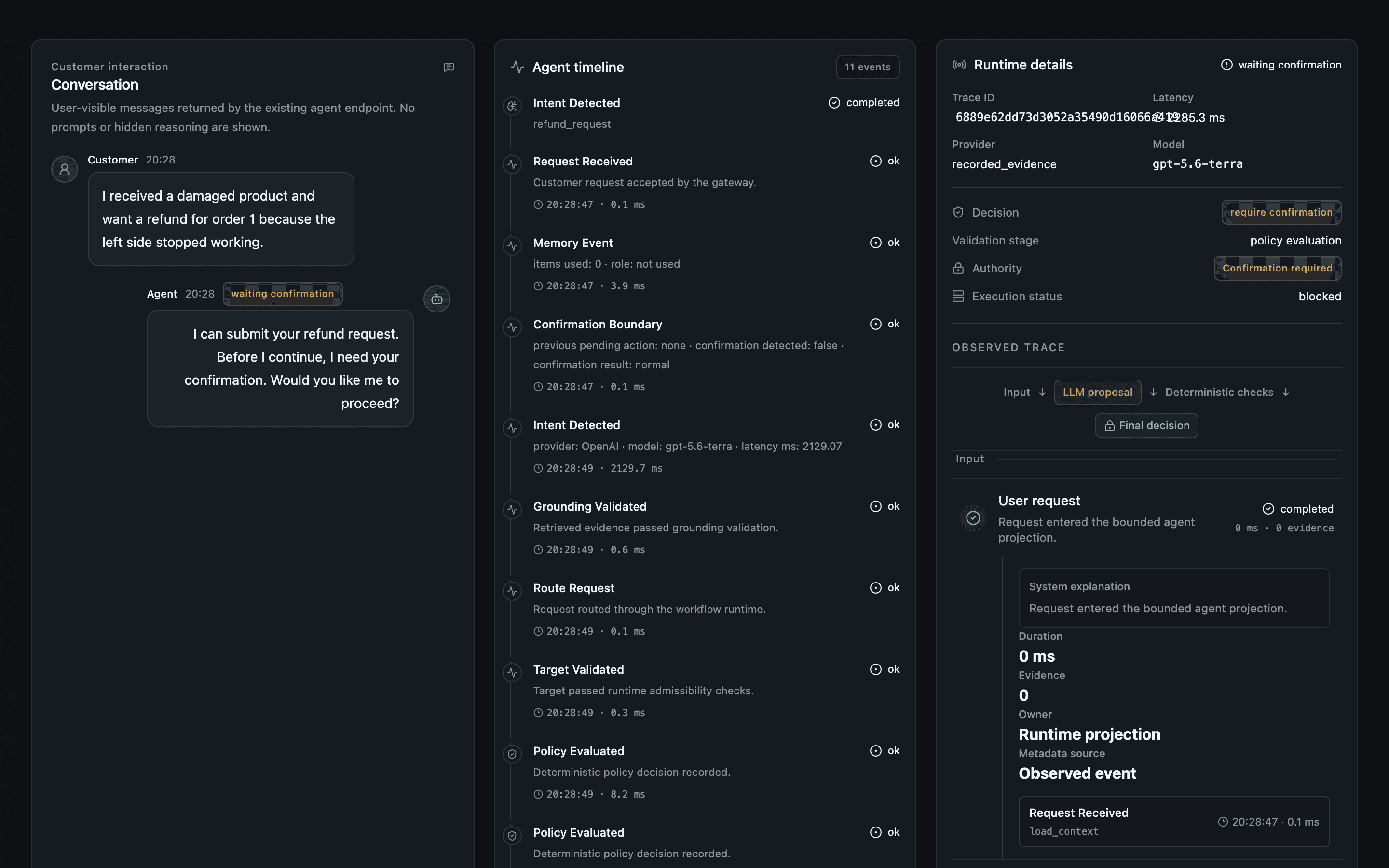 Agentic Ops showcase showing a refund request with grounded evidence, a confirmation boundary, and execution still awaiting approval.