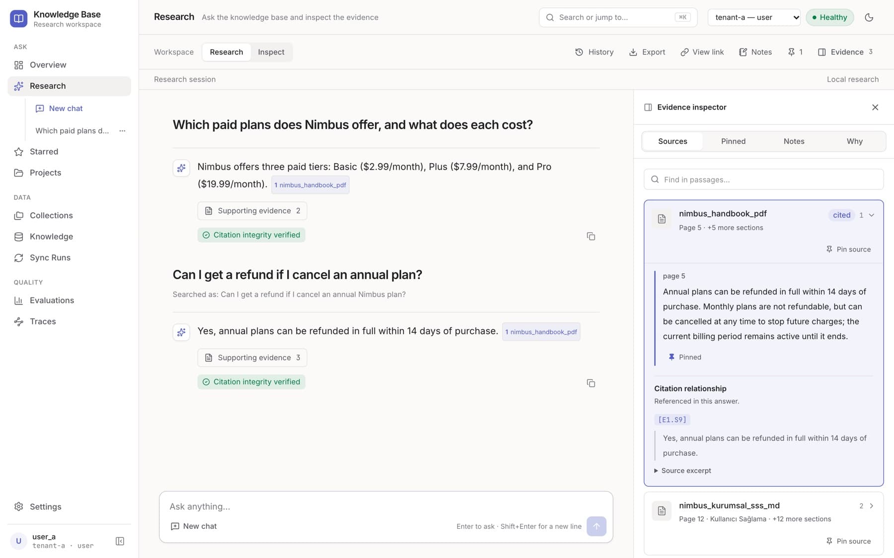 Knowledge Base research workspace: cited answers beside the evidence inspector